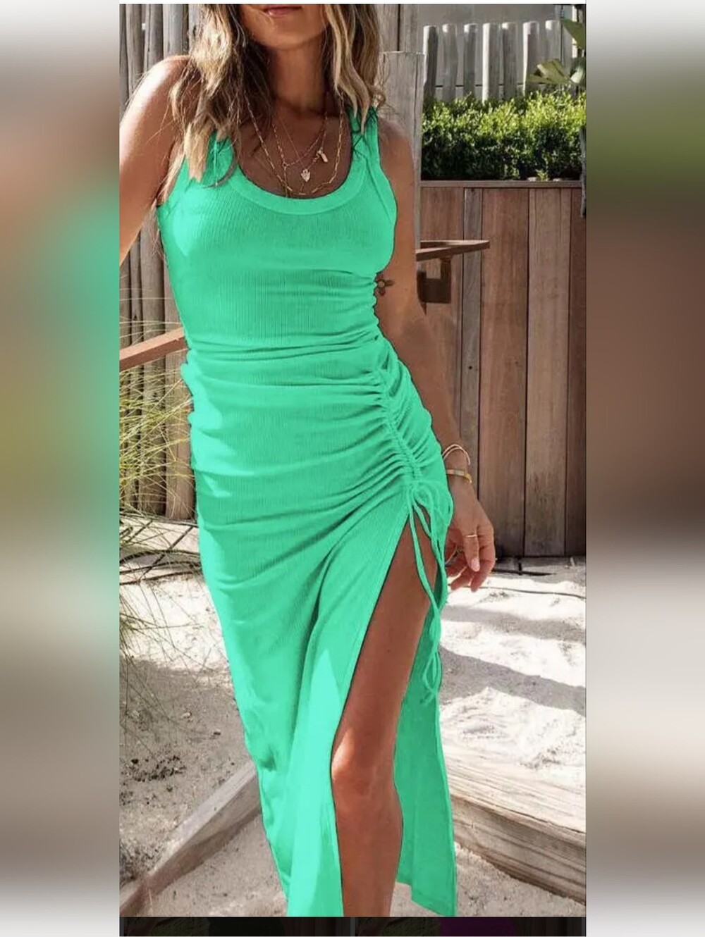 Chicme Sleeveless Mint Green Ruched Side Maxi Dress